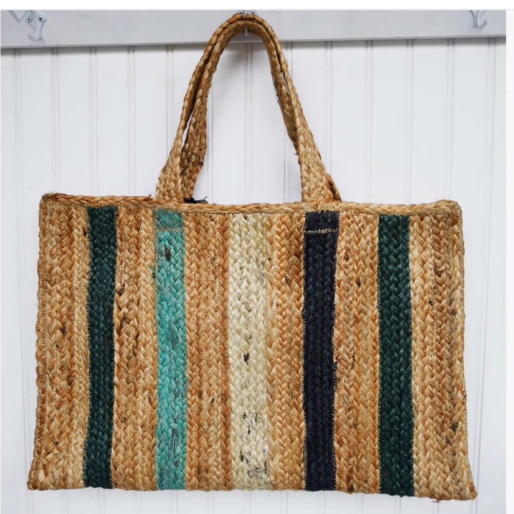 Woven Jute Stripe Tote Bag in Natural and Teal